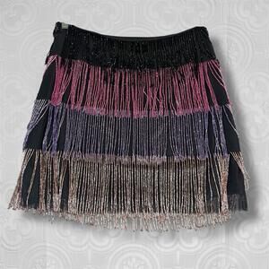 Nasty Gal Beaded Fringe Black Bodycon Mini Skirt Size 10 Pink Purple Tassles NWT